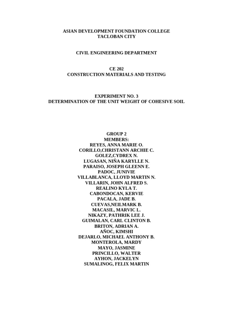 Unit Weight of Cohesive Soil Experiment | PDF