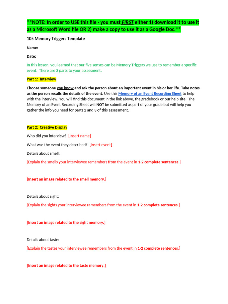 Memory Triggers Assessment Guide | PDF | Memory | Psychology