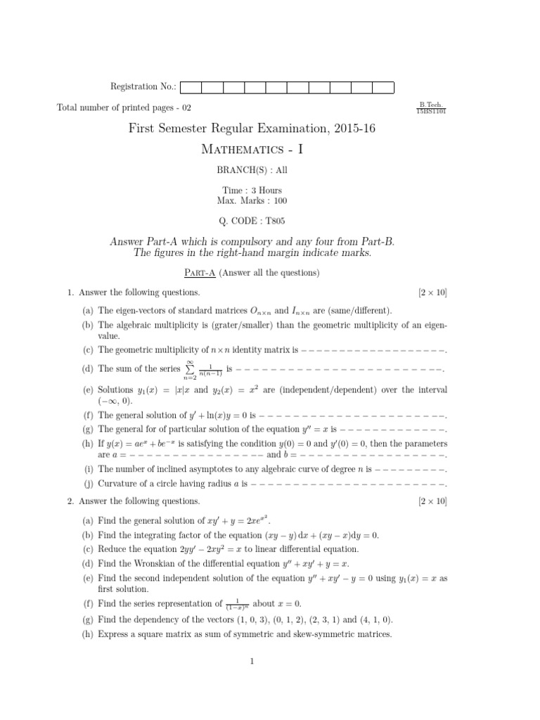 Mathematics I Btech 1ST Semester Regular Q Code T805 | PDF ...