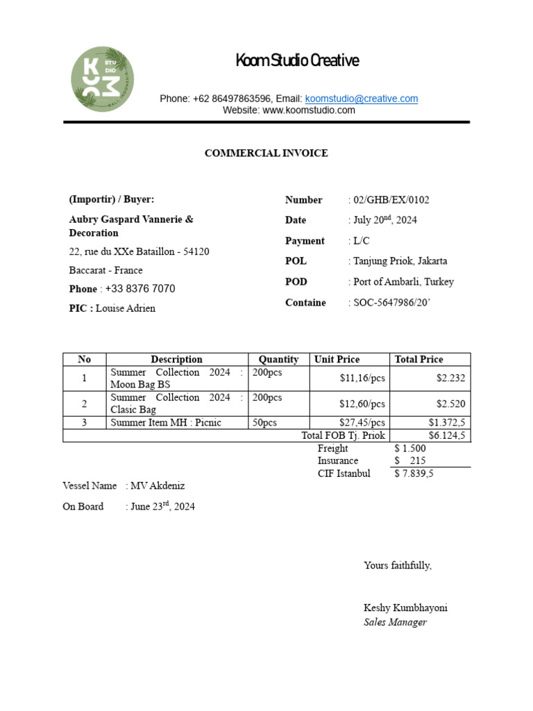 Koom Studio Summer Collection Invoice | PDF