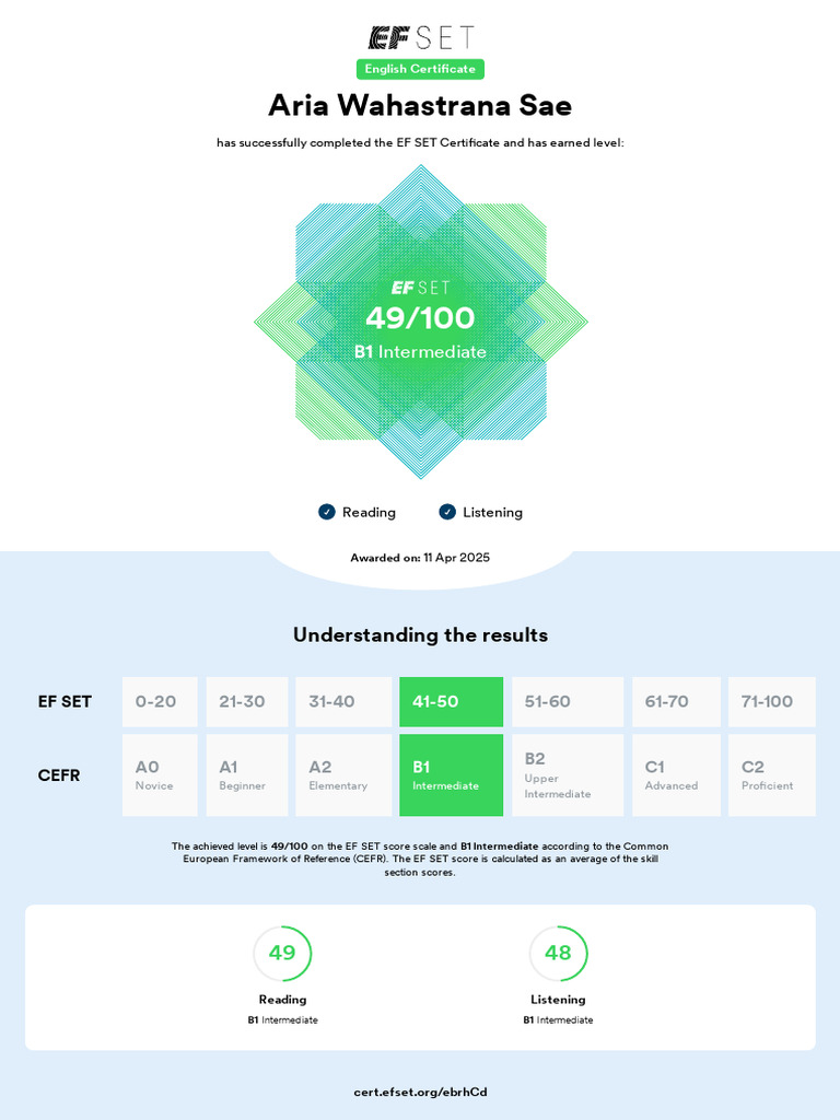 EF SET B1 Intermediate Certificate | PDF