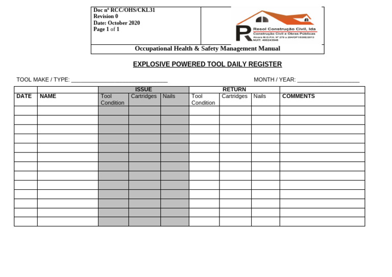 9.31 Explosive Powered Tool Daily Register | PDF