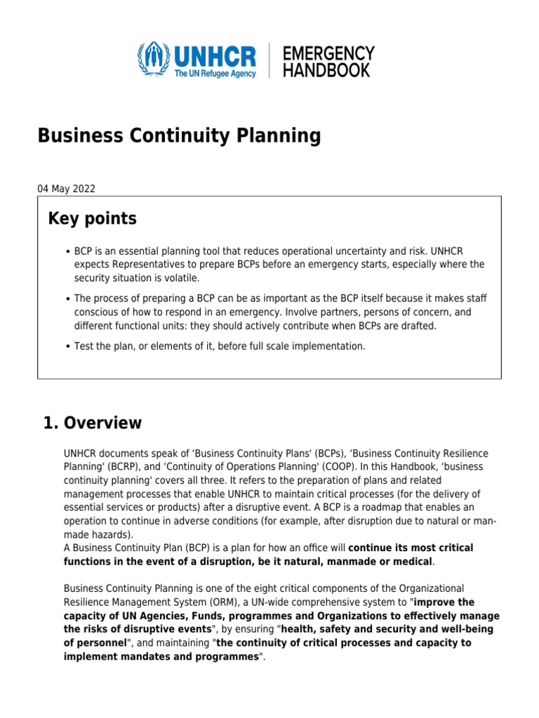 Unhcr Business Continuity Planning Guide Pdf Business