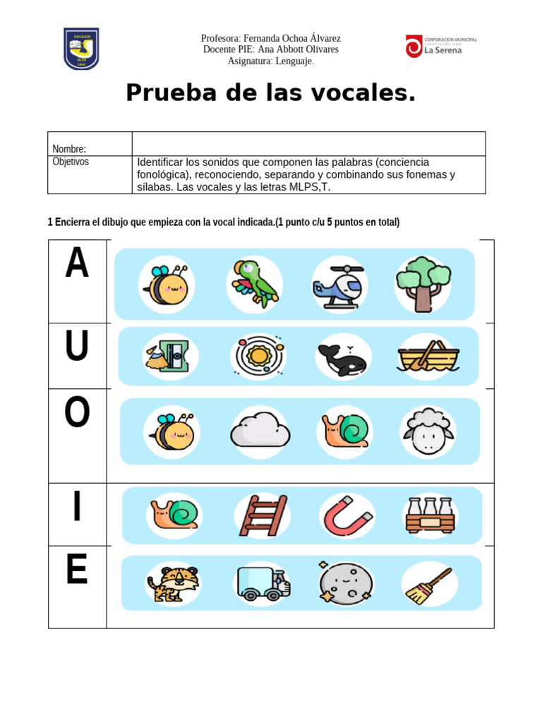 Prueba de Vocales para Lenguaje Infantil | PDF