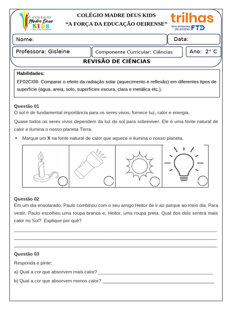 Atividades sobre Radiação Solar - 2º Ano | PDF