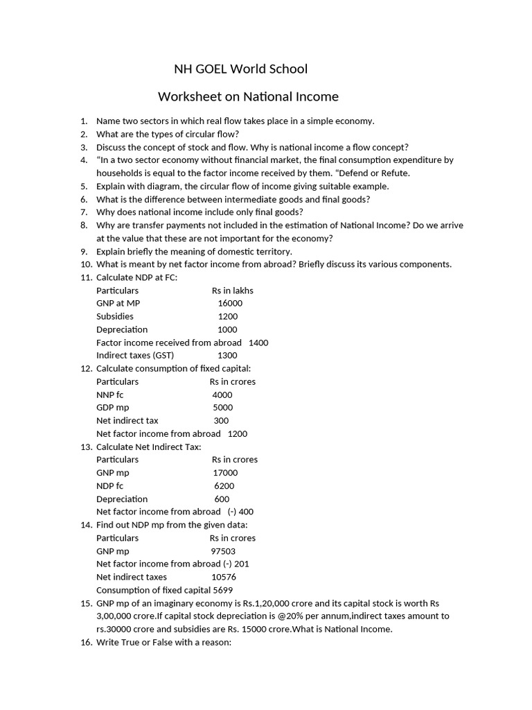 National Income Worksheet for Students | PDF | Measures Of National ...