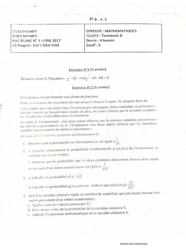Bac Blanc 1 Cs Progrès - CSP L'eau Vive (Sujet de Mathématiques) 2 | PDF