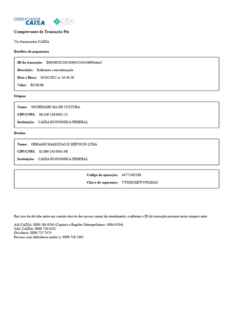 Comprovante de Transação Pix CAIXA | PDF