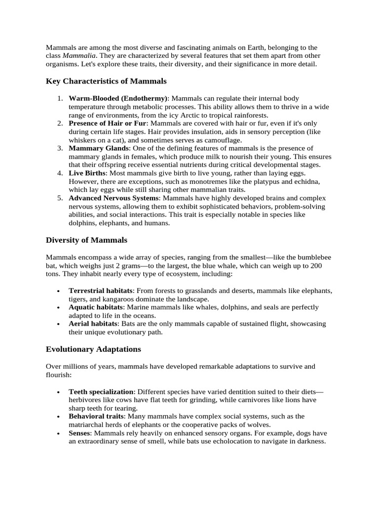 Key Traits and Diversity of Mammals | PDF | Mammals | Zoology