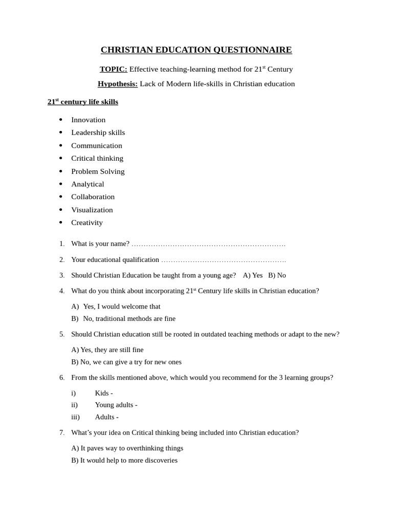 Christian Education Questionnaire | PDF | Creativity | Critical Thinking