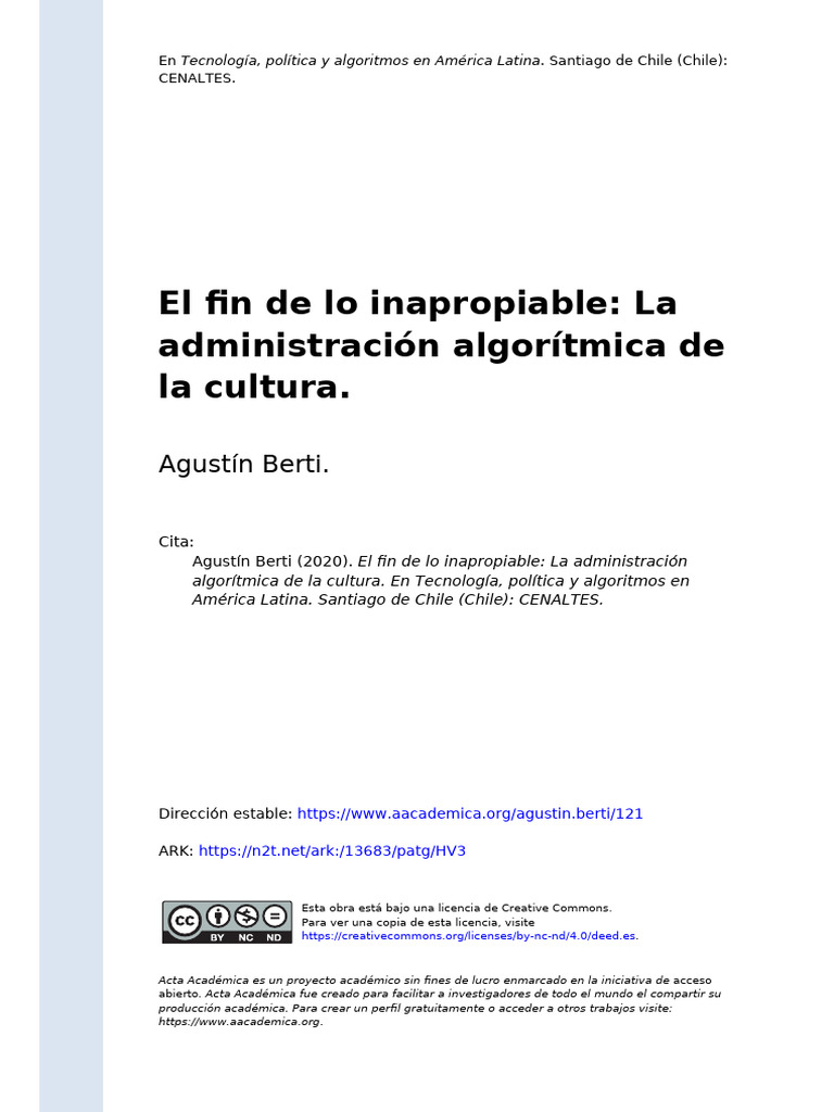 Fin de lo inapropiable: Berti y algoritmos | PDF | Youtube | Netflix