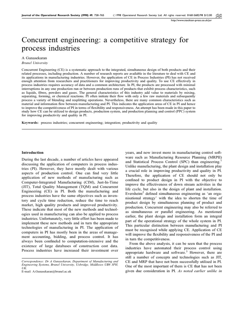 Concurrent Engineering in Process Industries | PDF | Supply Chain ...
