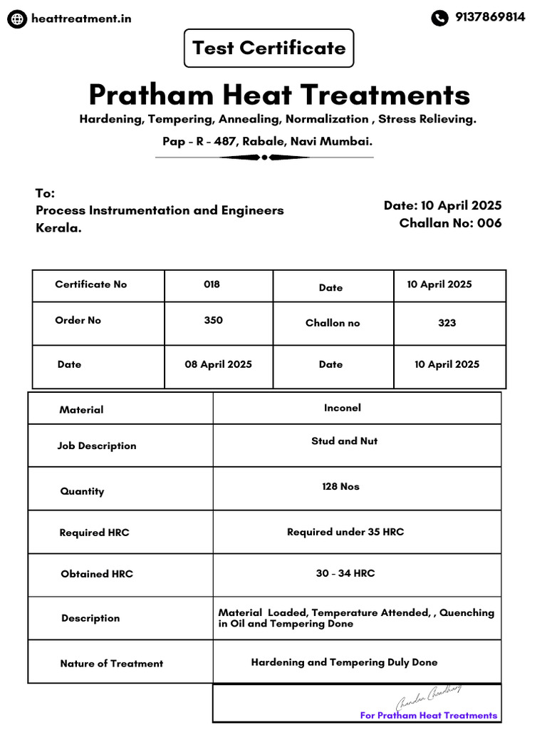 Inconel Heat Treatment Certificate | PDF