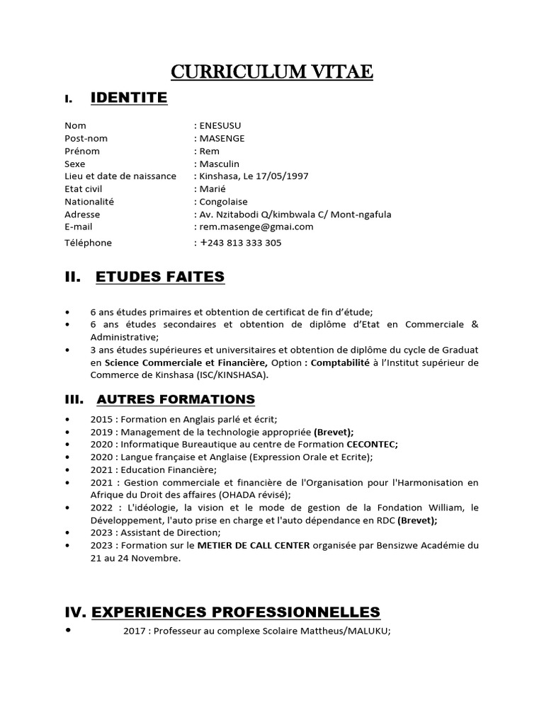 CV de Rem Enesusu Masenge | PDF