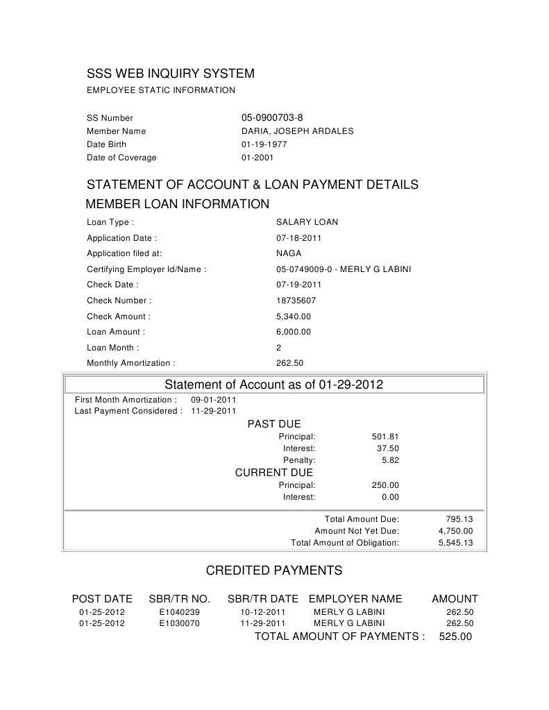 SSS Web Inquiry: Loan Account Summary | PDF