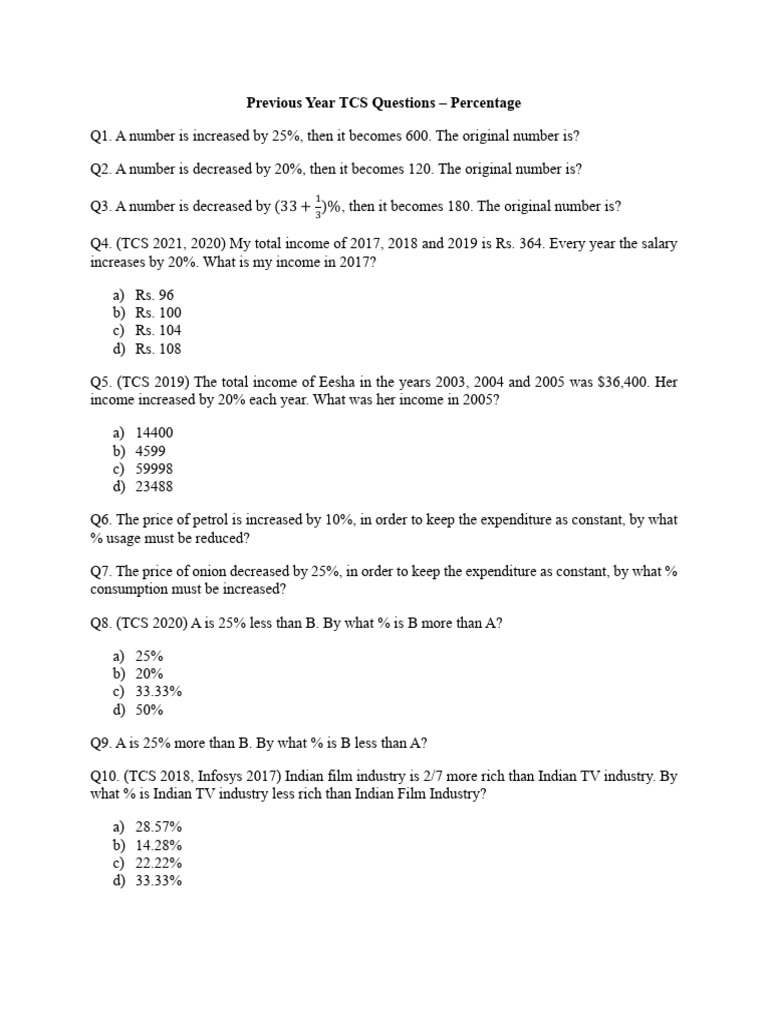 TCS Previous Year Questions on Percentage | PDF | Economies