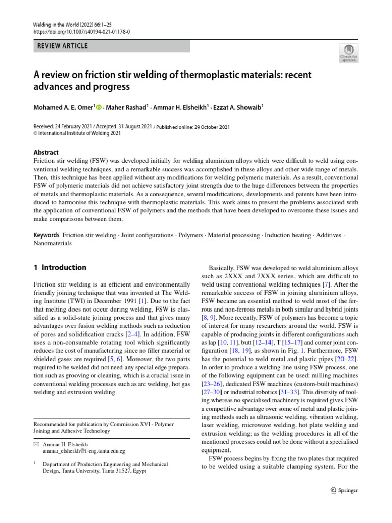 A Review On Friction Stir Welding of Thermoplastic Materials: Recent ...