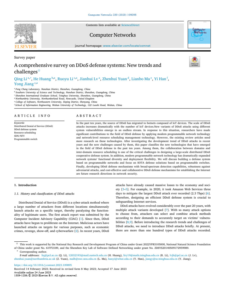 A Comprehensive Survey On DDoS Defense Systems New Trend - 2023 ...