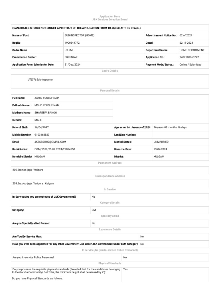 J&K Sub-Inspector Application Form | PDF | Justice | Crime & Violence