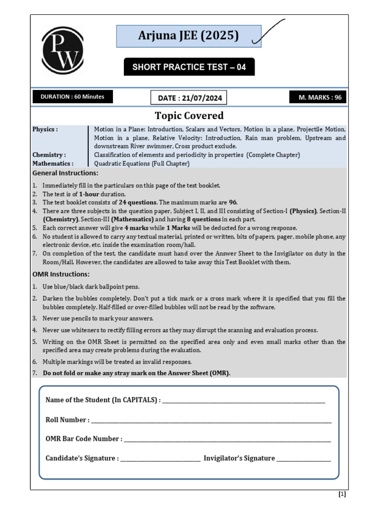 Arjuna JEE 2025 Practice Test Overview | PDF | Atoms | Chemistry