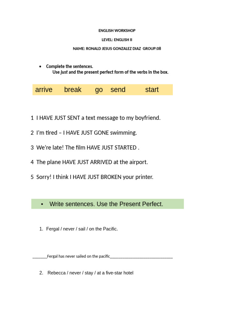 ENGLISH WORKSHOP - Unit 3 Ronald Gonzalez | PDF
