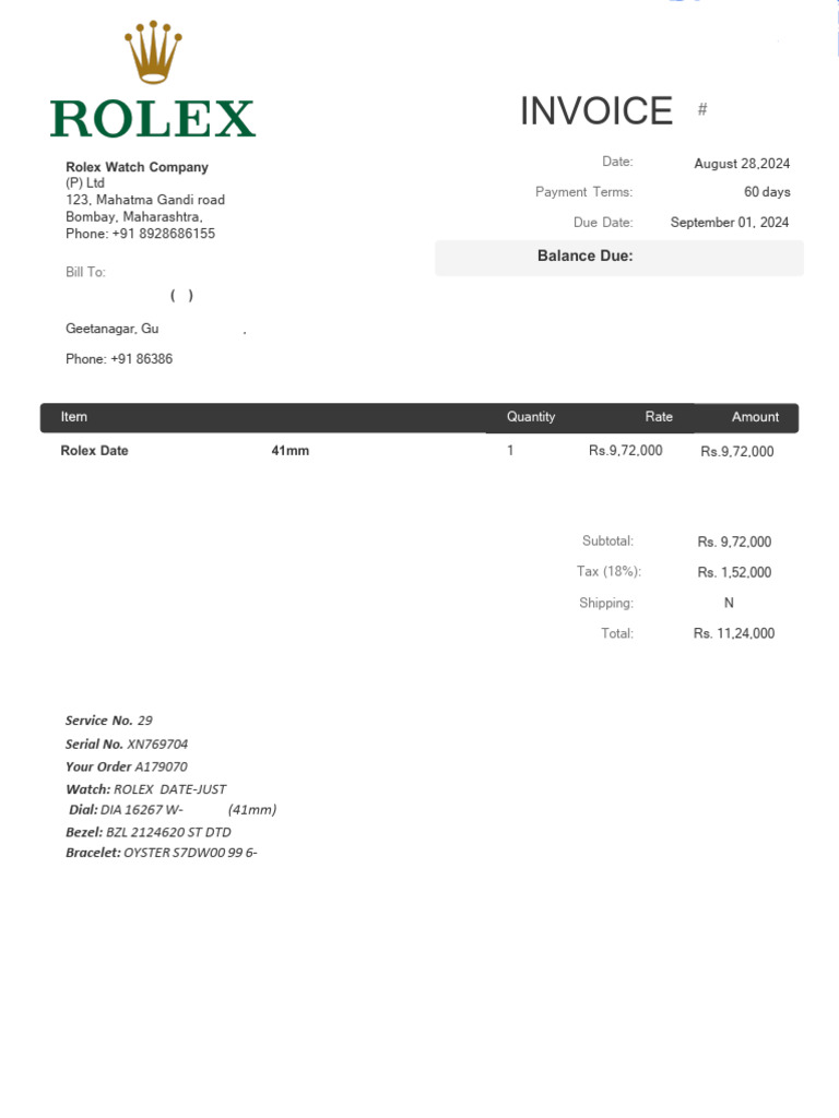 Rolex Watch Invoice - August 2024 | PDF