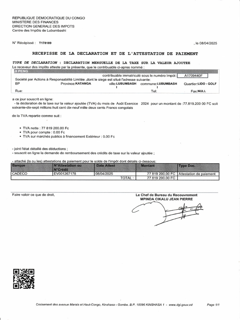 Déclaration de TVA Août 2024 RDC | PDF | Taxe sur la valeur ajoutée ...