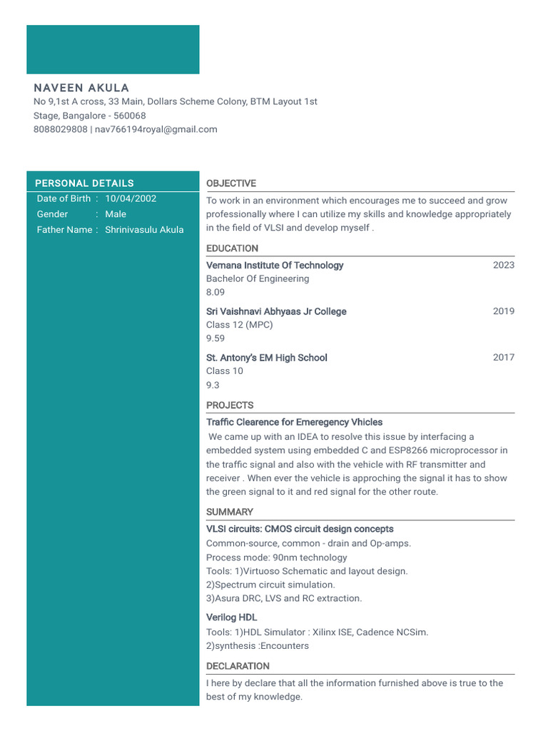 VLSI Engineer Resume of Naveen Akula | PDF | Hardware Description ...