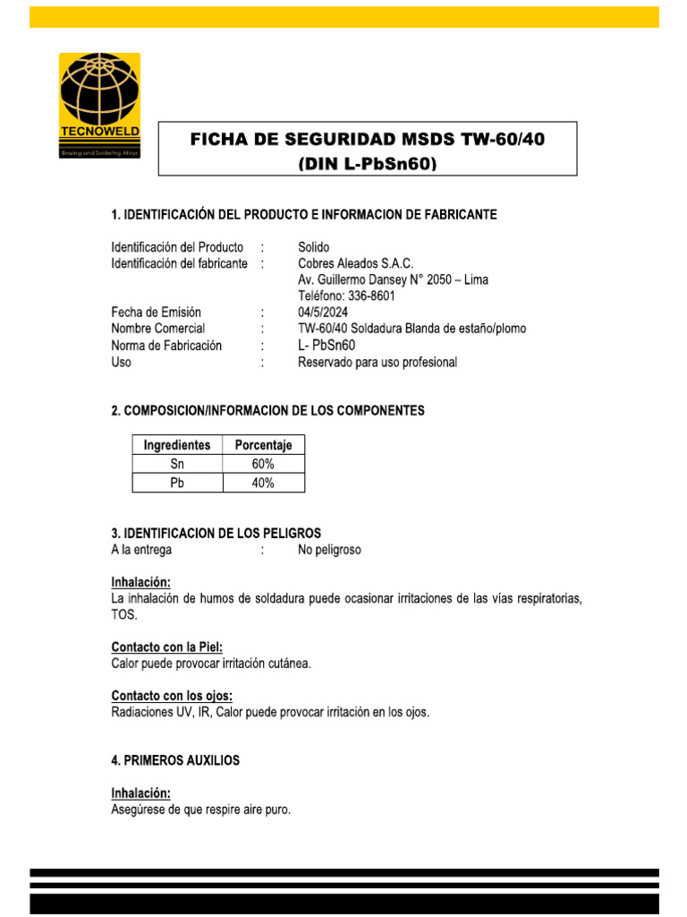 Msds Soldadura Estaño 60-40 2mm Tecnoweld | PDF