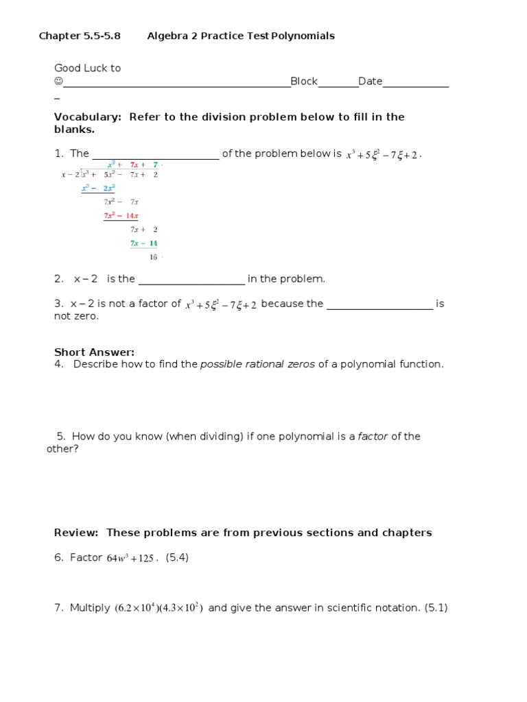 5 5 8 Algebra 2 Practice Test Polynomial Factorization