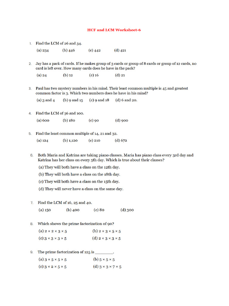 HCF and LCM Worksheet For Practice | PDF