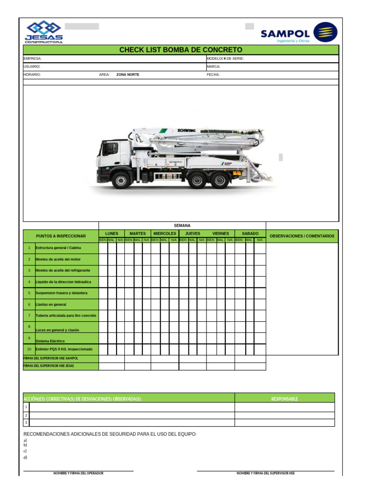 Checklist de Inspección Bomba de Concreto | PDF