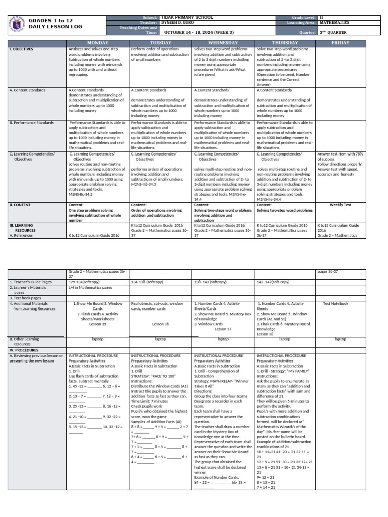 Grade 2 Math Daily Lesson Plan | PDF