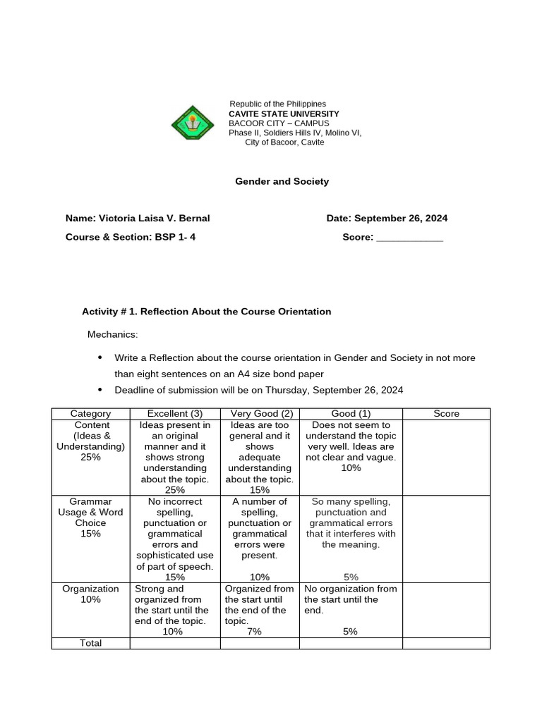 Activity 1 GNED 10 Reflection About The Course Orientation | PDF ...