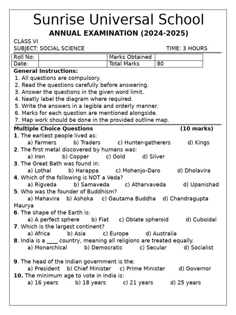 Class VI Social Science Exam 2024-2025 | PDF | Atmosphere Of Earth ...