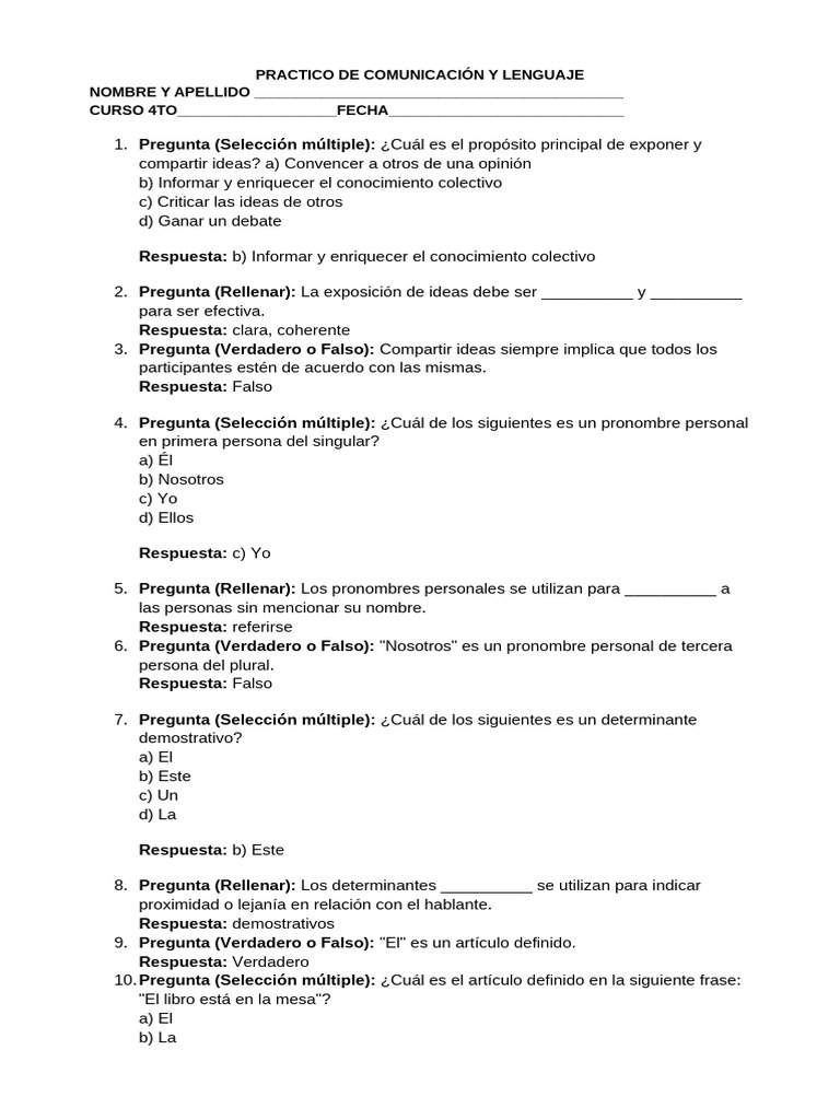 Practico de Comunicación y Lenguaje | PDF | Oración (Lingüística ...