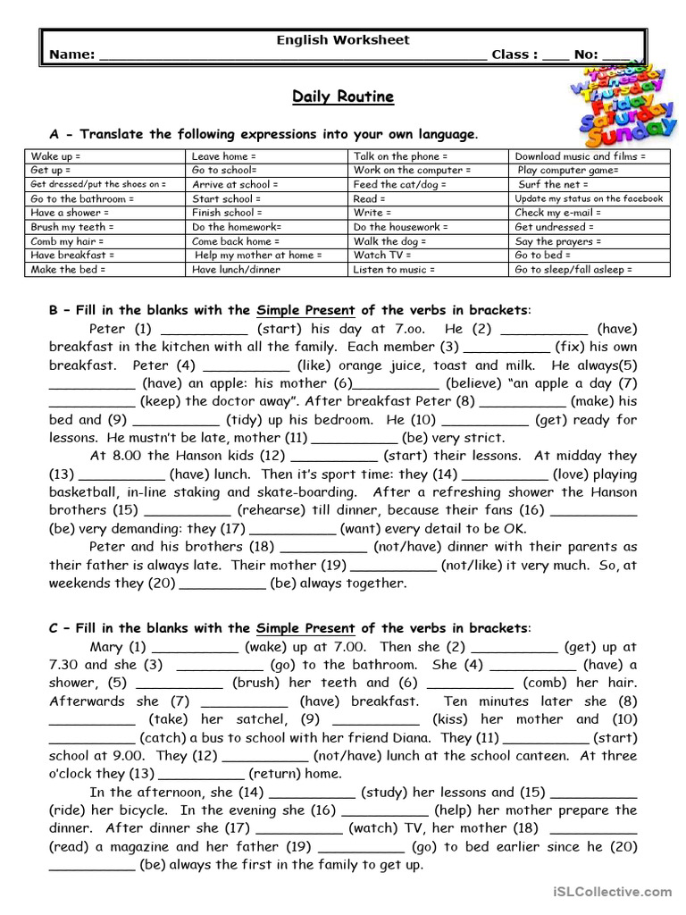 Daily Routine English Worksheet | PDF