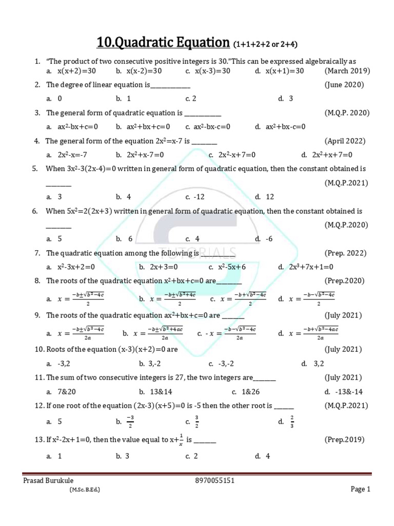 10th STD Maths-Quadratic Equations Important Questions Eng Version 2022 ...