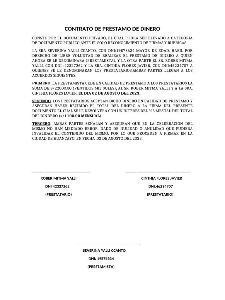 CONTRATO DE PRESTAMO DE DINERO | PDF
