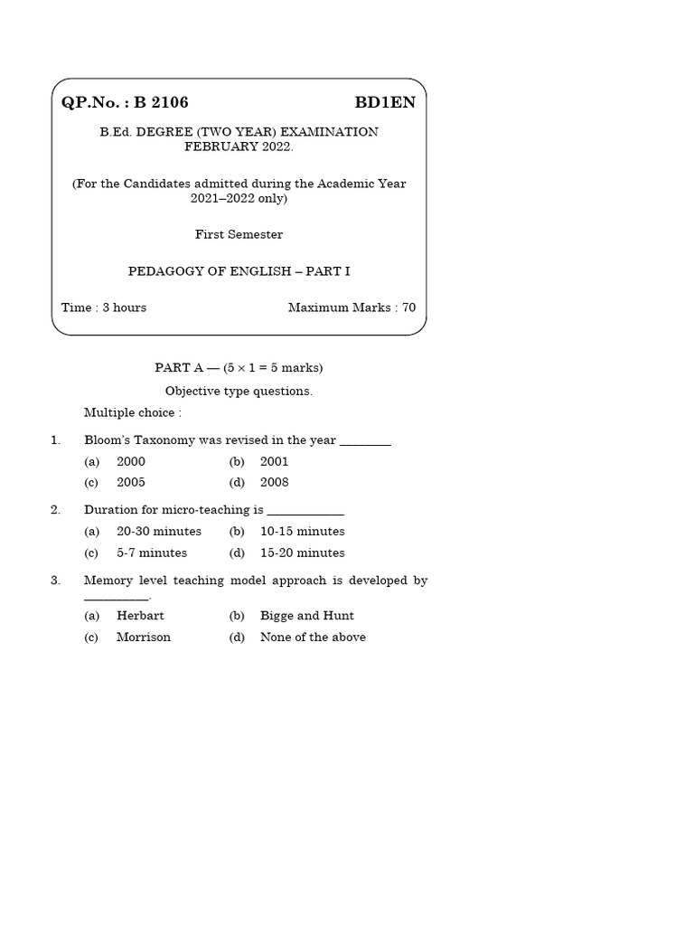 B.Ed. English Pedagogy Exam Questions | PDF | Cognitive Science | Teaching