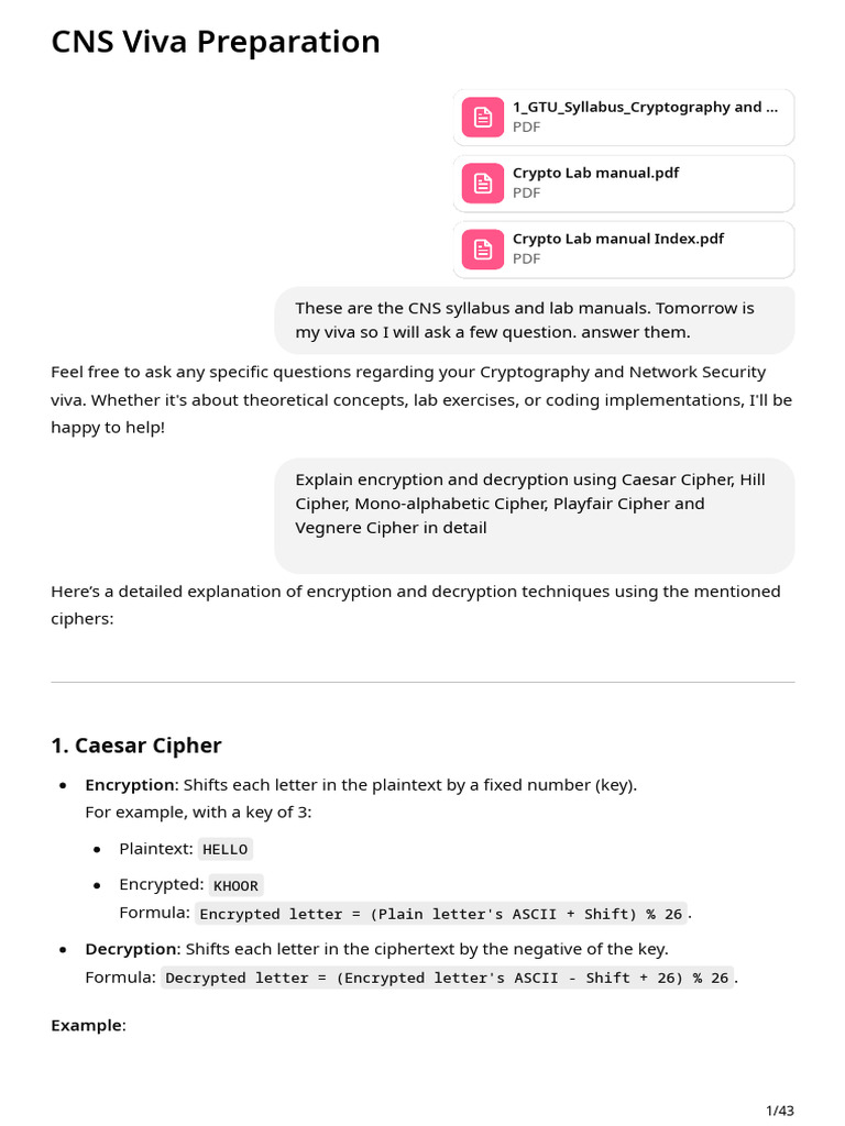 CNS Viva Questions and Cipher Techniques | PDF | Encryption | Cryptography