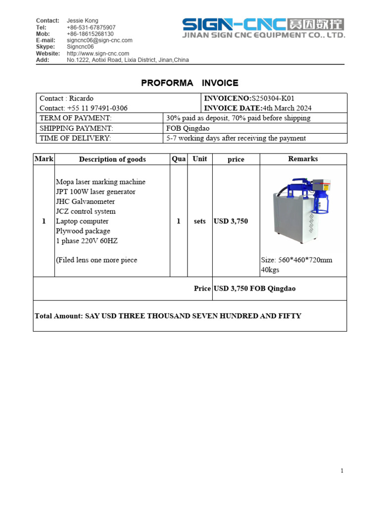 SIGN PI For Fiber Laser Marking Machine - Jinan SIGN CNC 20250304 | PDF