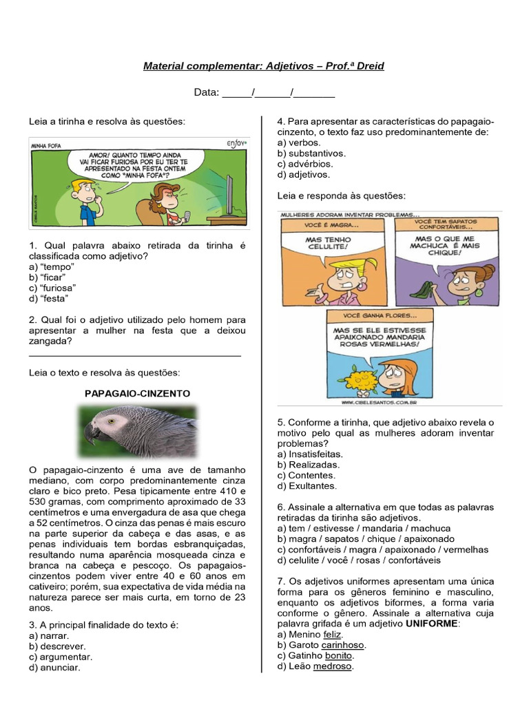 Exercícios sobre Adjetivos para 6º Ano | PDF | Adjetivo | Linguística