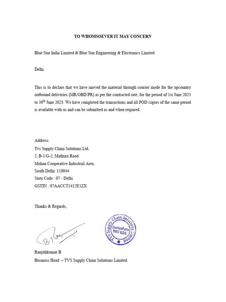 Courier Delivery Declaration for June 2023 | PDF