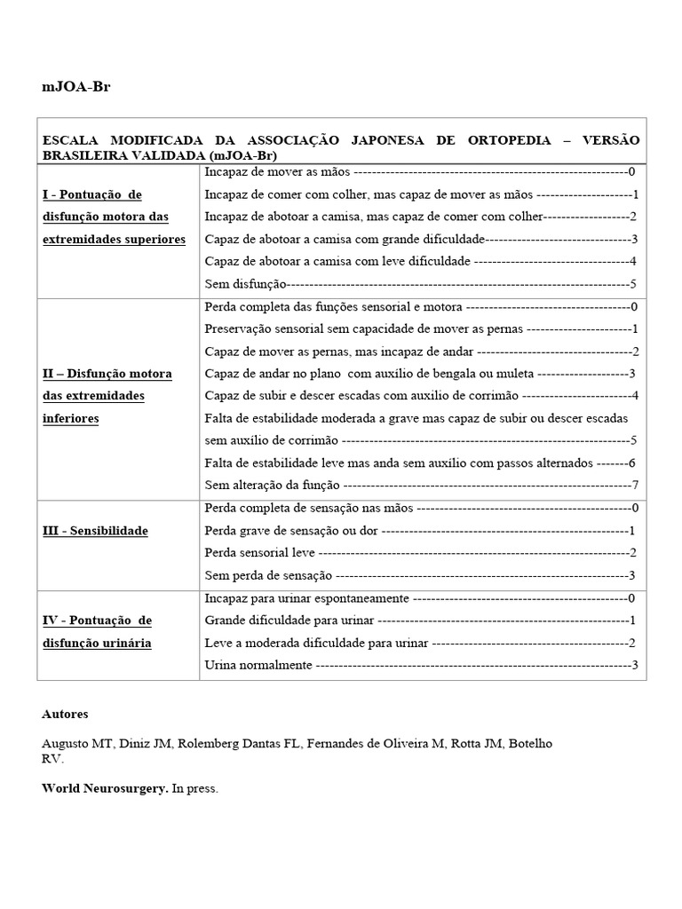 Escala mJOA-Br: Versão Brasileira Validada | PDF | Sistema nervoso ...