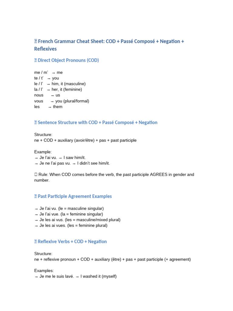 Fiche de Grammaire Française: COD et Passé Composé | PDF