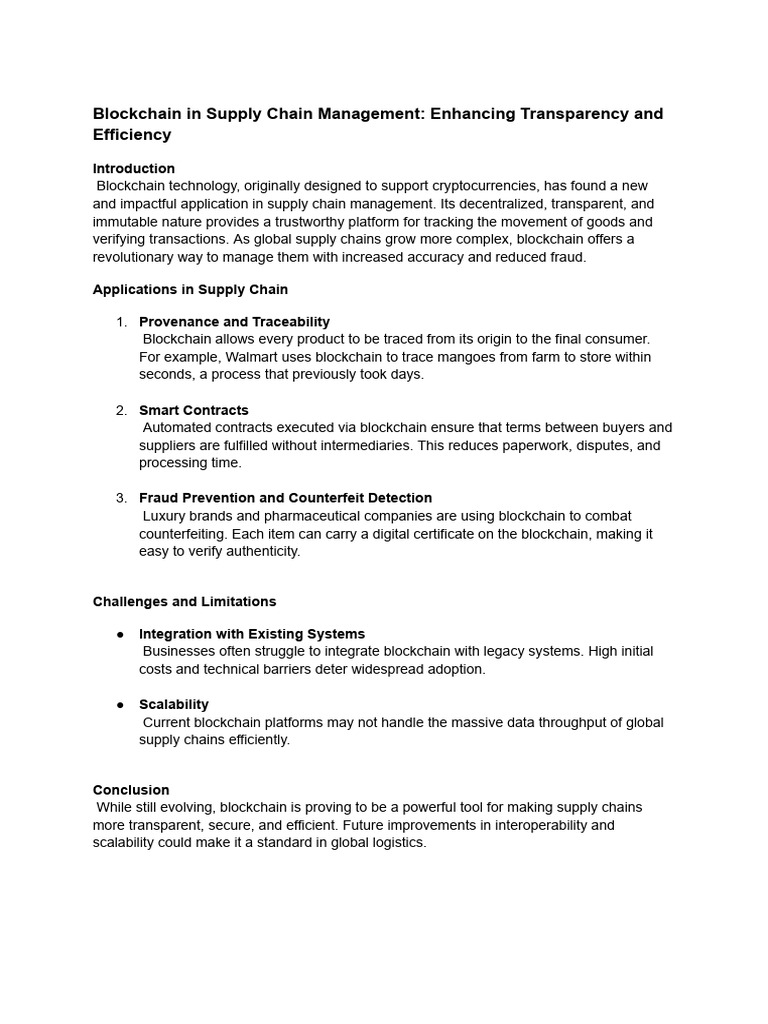 Blockchain Enhancing Supply Chain Efficiency | PDF