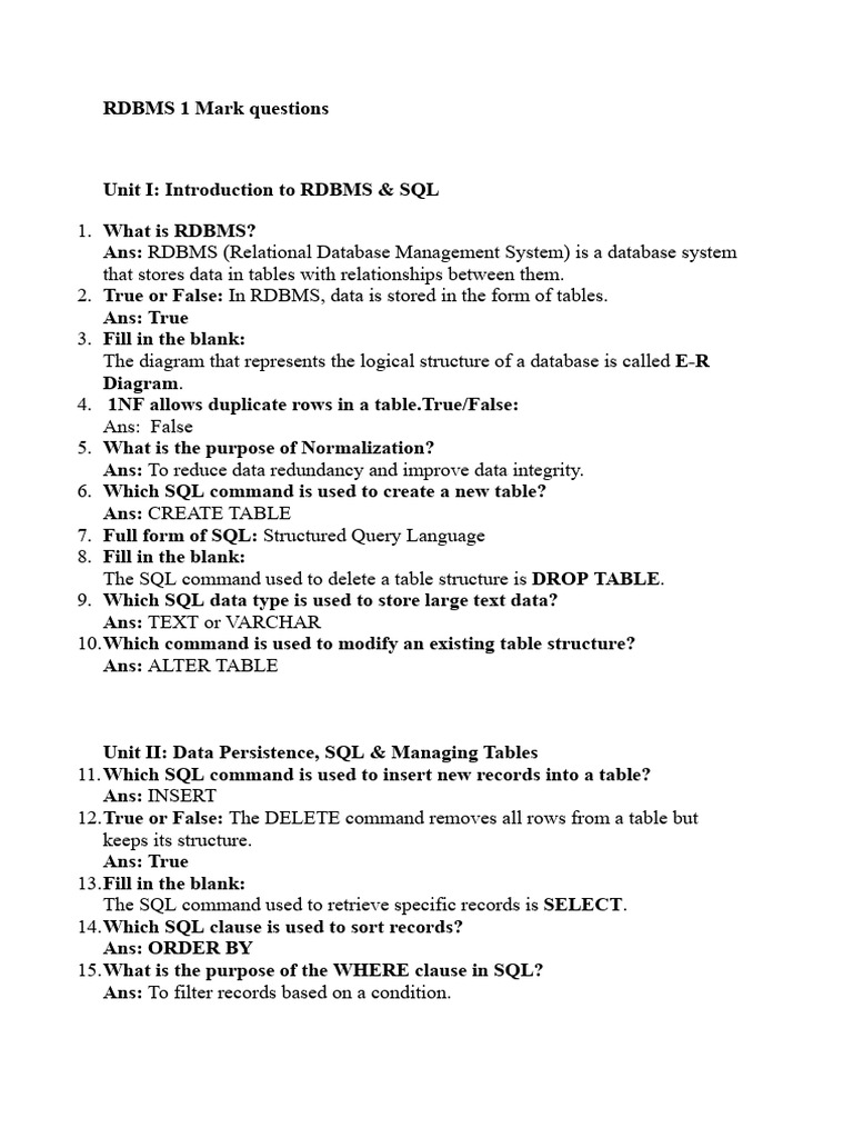 RDBMS and SQL Key Concepts Quiz | PDF | Relational Database | Sql