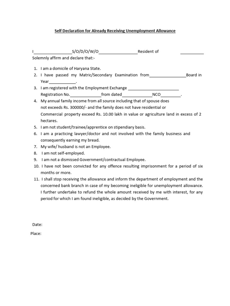 Self Declarationfor Receiving Unemployment Allowancein UEAScheme Oldand ...