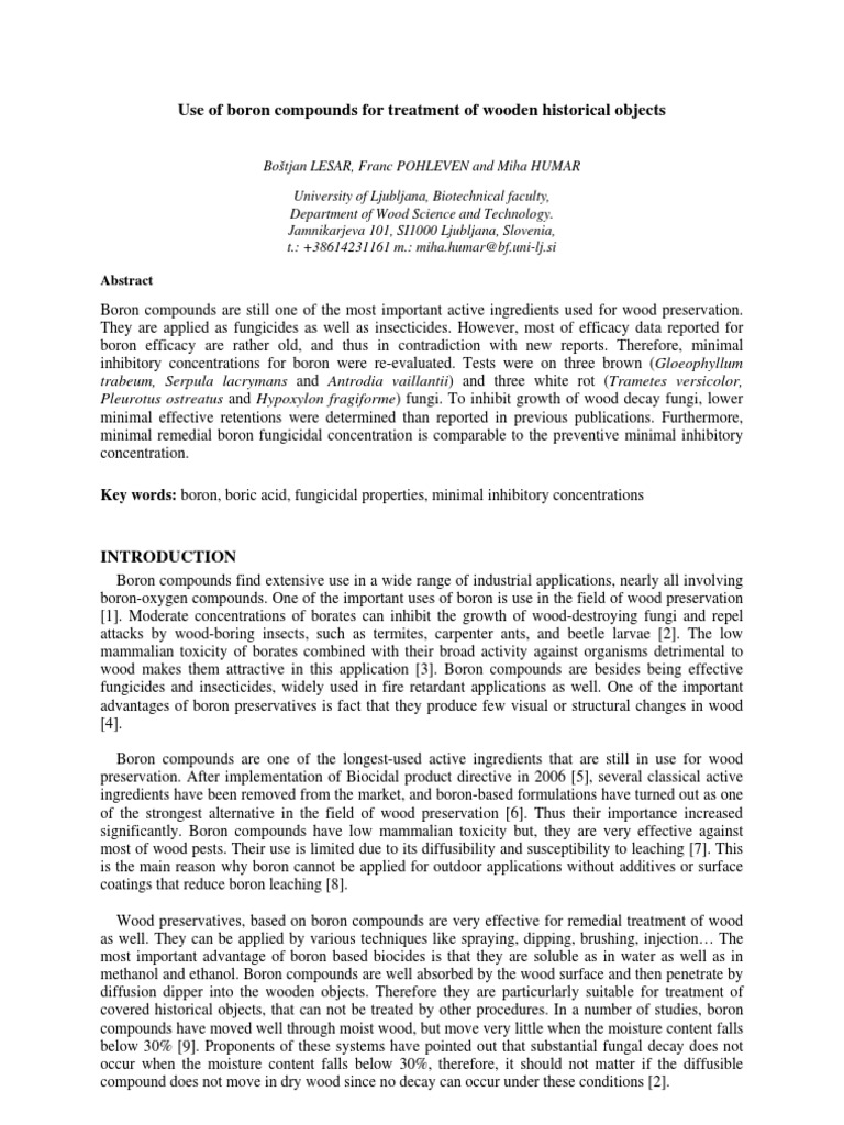 Use of Boron Compounds For Treatment of Wooden Historical Objects PDF